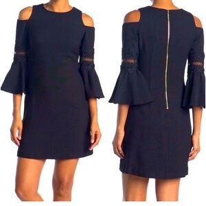 Eliza J. Cold-Shoulder Bell Sleeve A-Line Crew Neck Dress In Navy Blue Size 8.